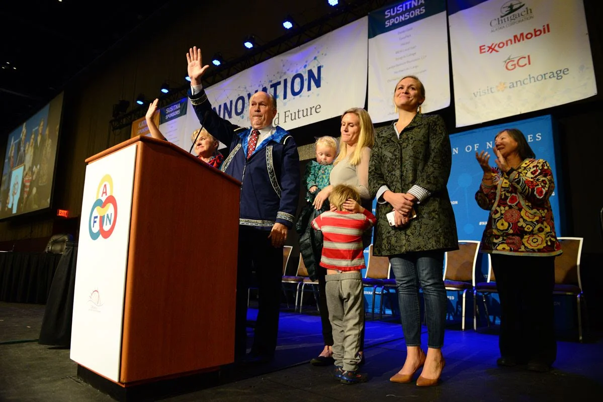 Governor Bill Walker, First Lady Donna Walker, their grandchildren, and daughters Tessa and Lindsey wave goodbye to the crowd at the 2018 Alaska Federation of Natives convention immediately after the Governor announced he would be stepping out of the gubernatorial race. October 19, 2018.