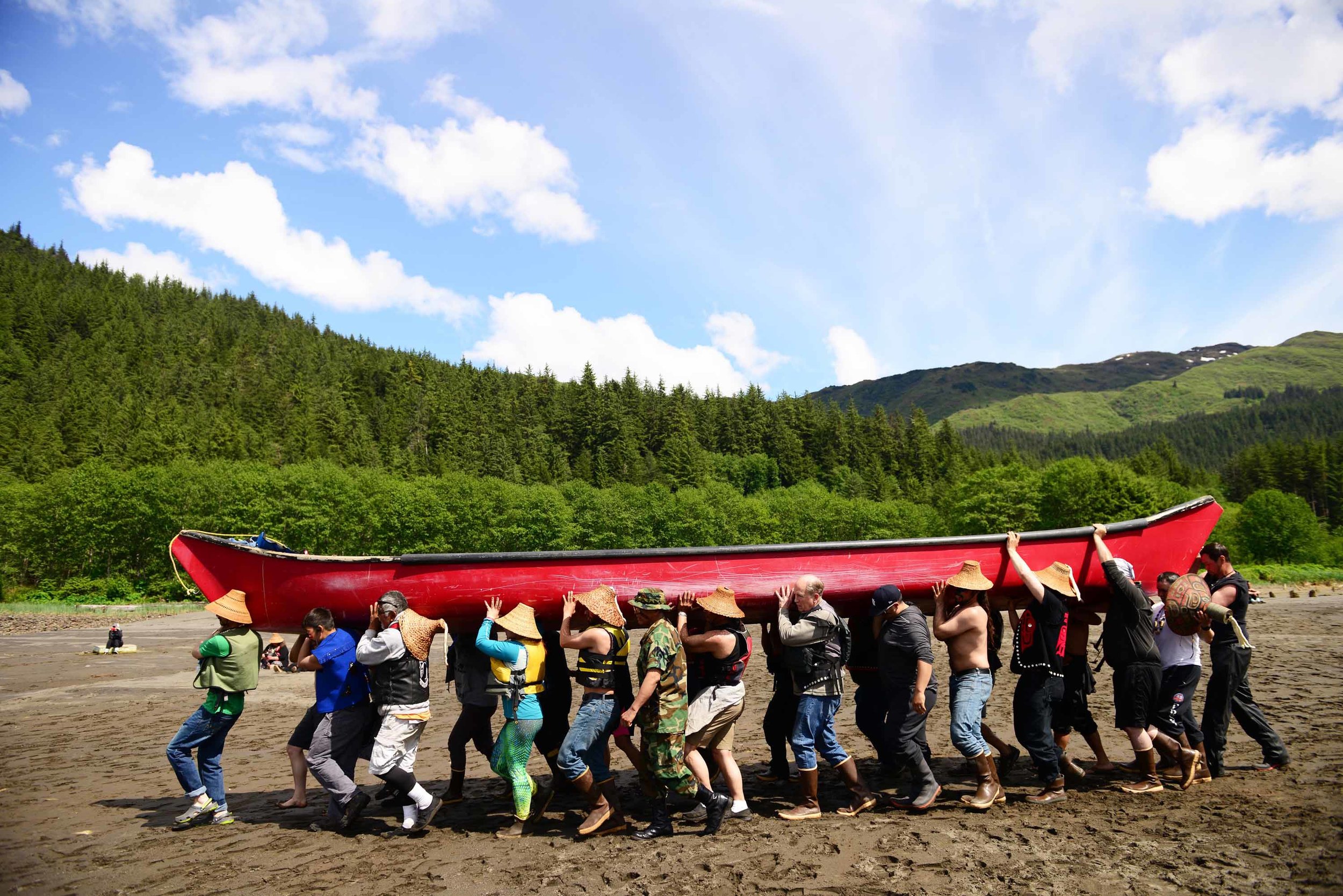  Southeast Alaska’s biennial Celebration of its Alaska Native heritage begins as paddlers arrive in Juneau after long canoe journeys from around the region. Paddlers including Gov. Bill Walker carry a vessel down to the water to join the last leg of 
