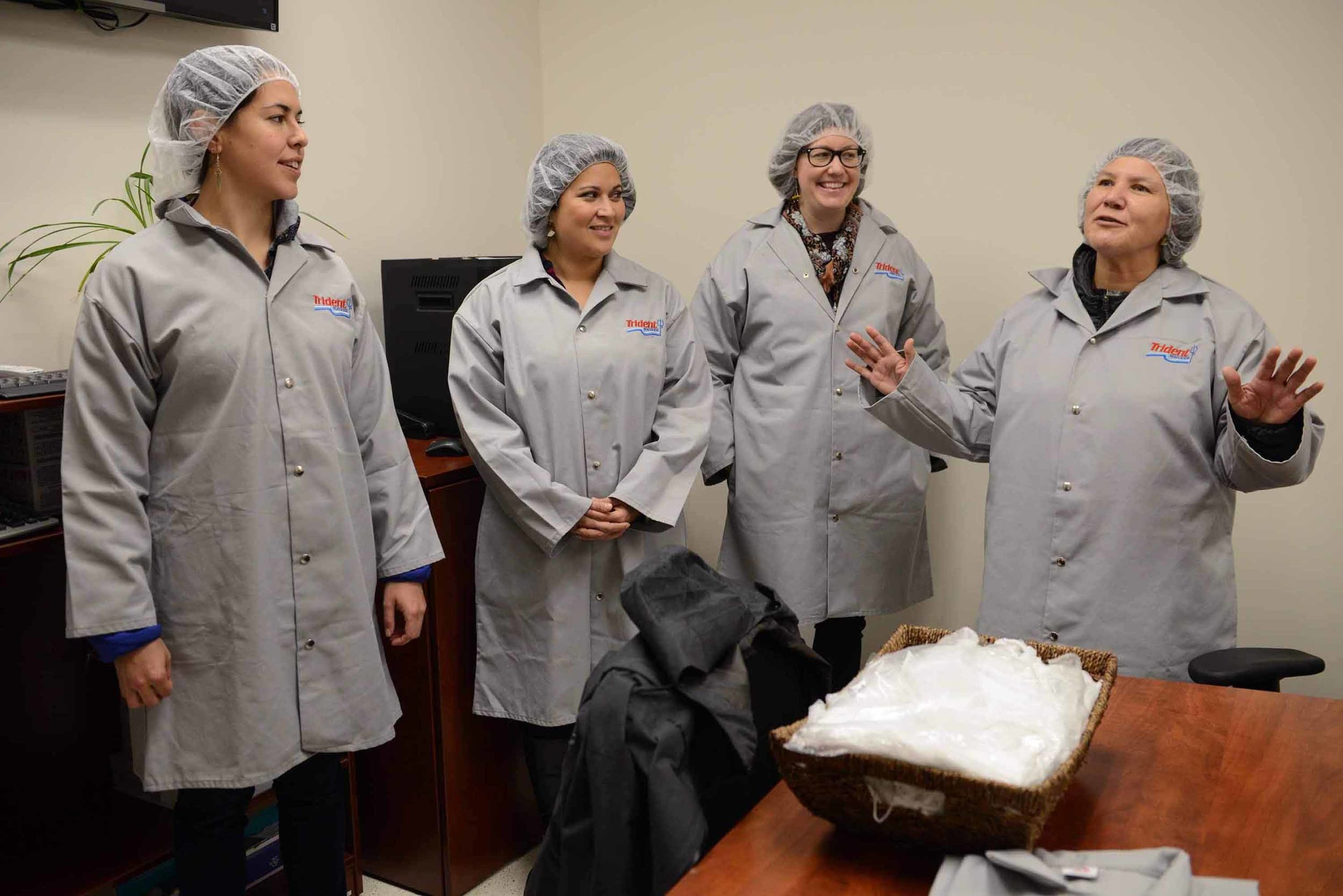  Lt. Governor Valerie Davidson, Communications Director Amanda Moser, Director of Native and Rural Affairs Barbara Blake, and Special Assistant Anna Clock dress for success and a tour of the Trident Seafood processing plant in Kodiak. November 2018. 