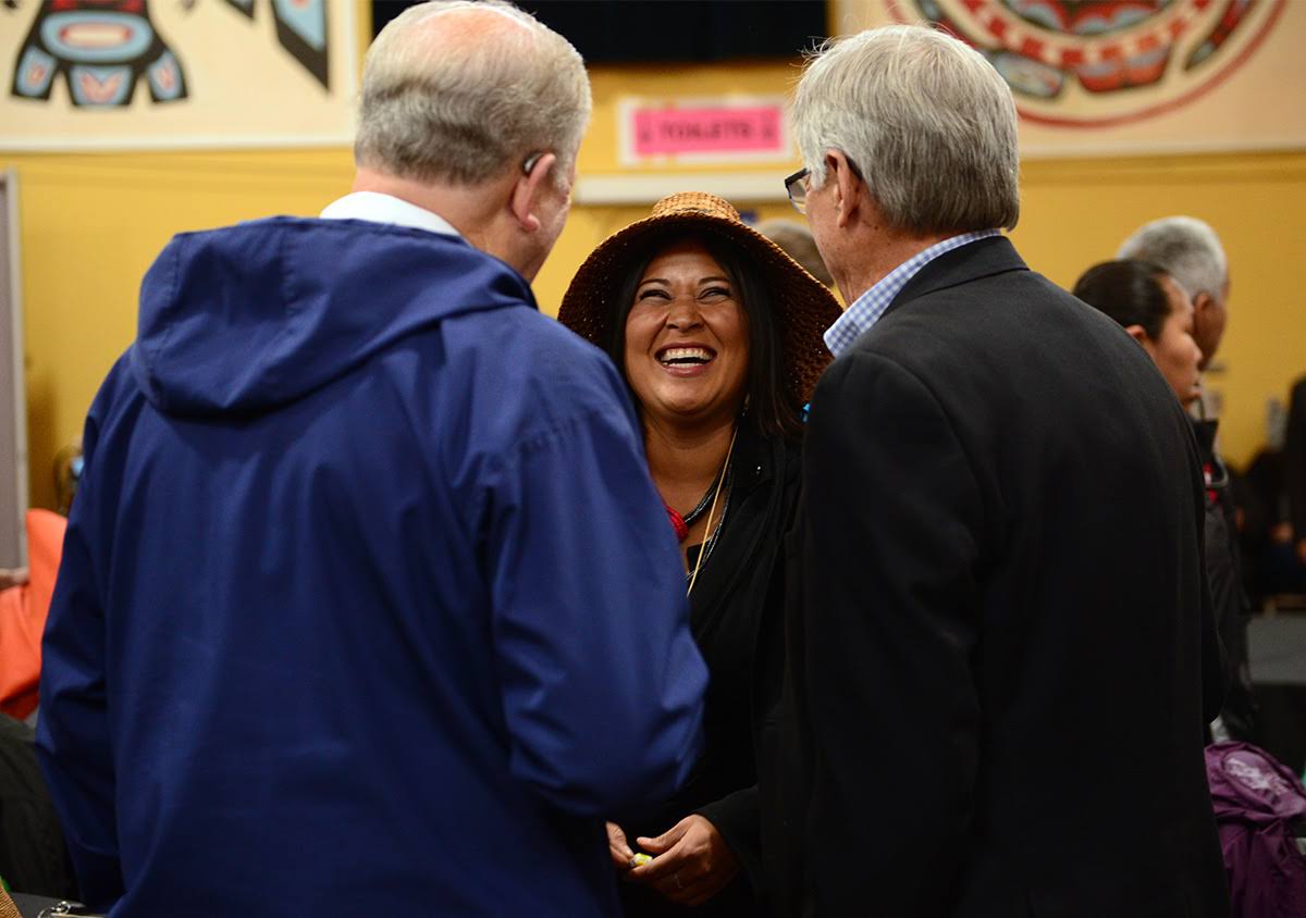  Director of Native and Rural Affairs 'Wáahlaal Gidáak Barbara Blake laughs out loud between  Governor Walker and Lt. Governor Mallott at the signing of Administrative Order 300, which solidified state support for Alaska Native languages. September 2