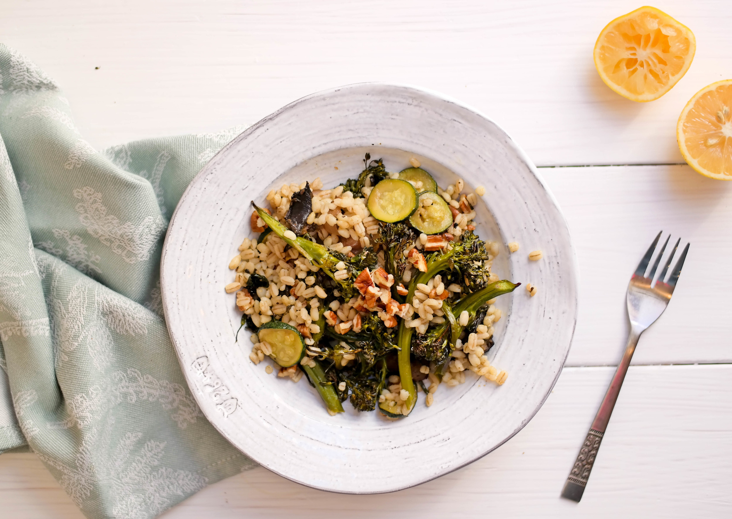 Warm Winter Salad with Barley, Broccolini and Toasted Pecans
