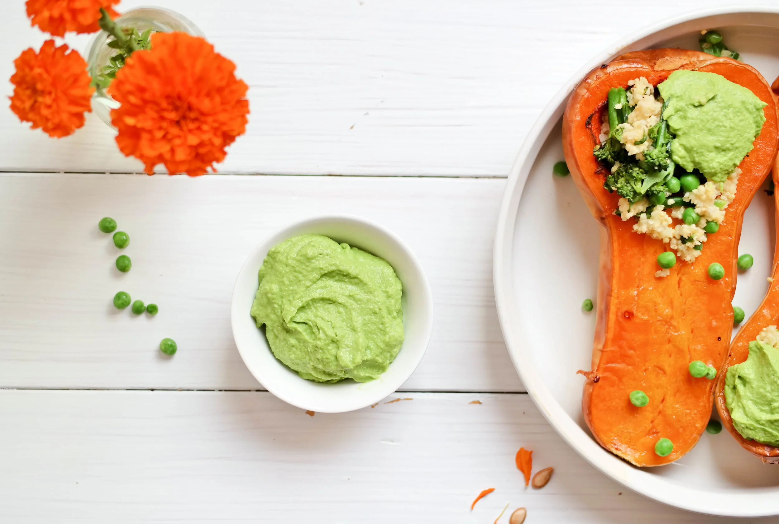 Thanksgiving Ideas: Roasted Butternut Squash with Avocado and Pea Cream