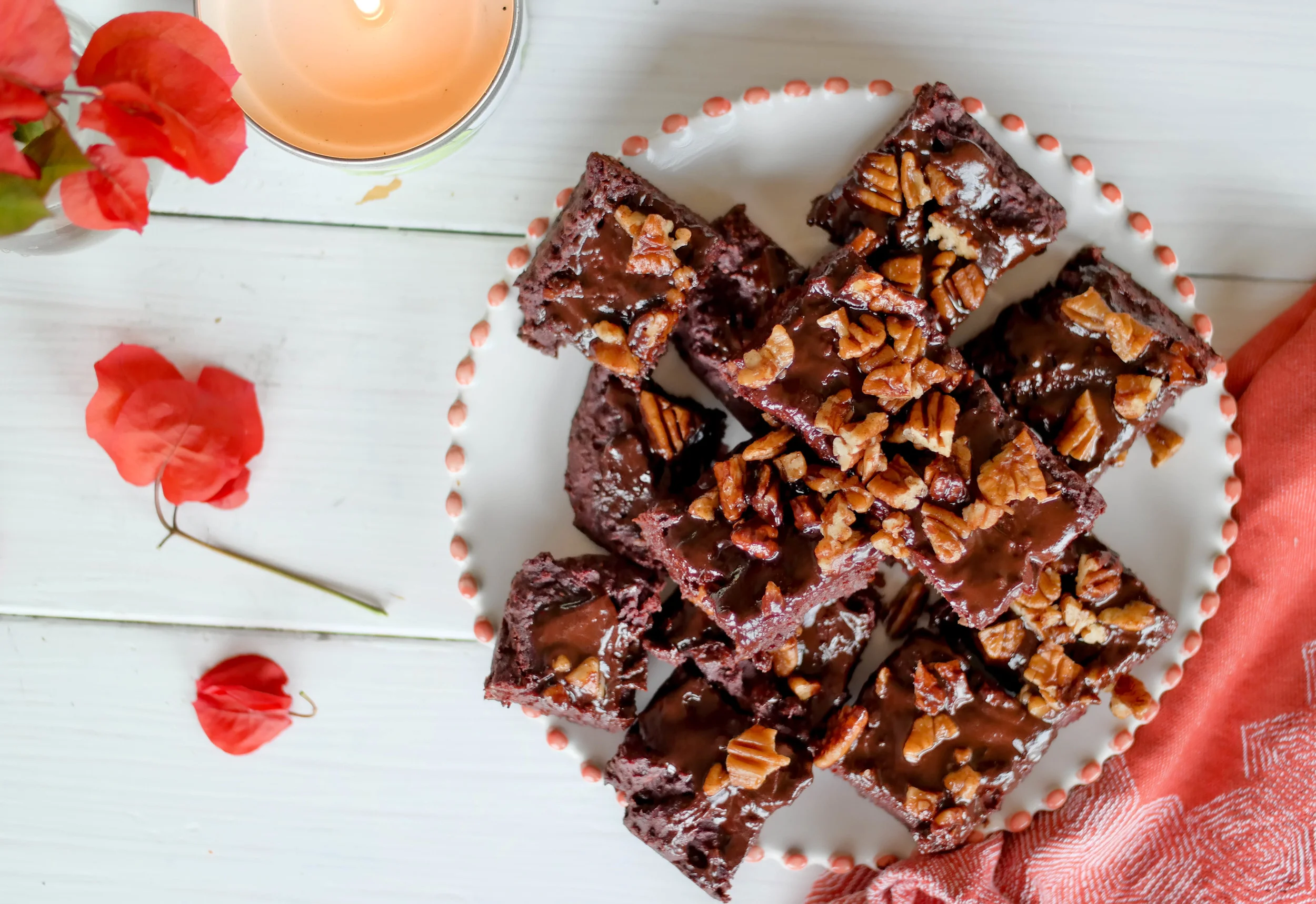 Beetroot Brownies with Chocolate Glaze and Toasted Pecans (Written from Italy)