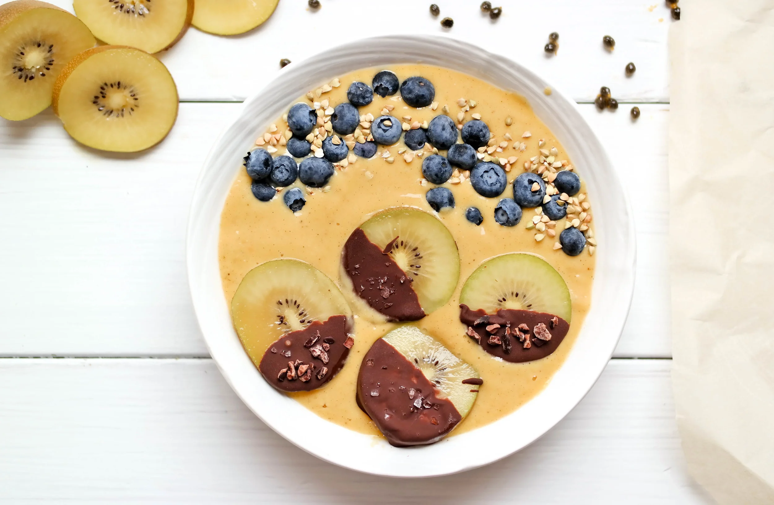 Papaya Peach Summer Smoothie with Dark Chocolate Kiwis