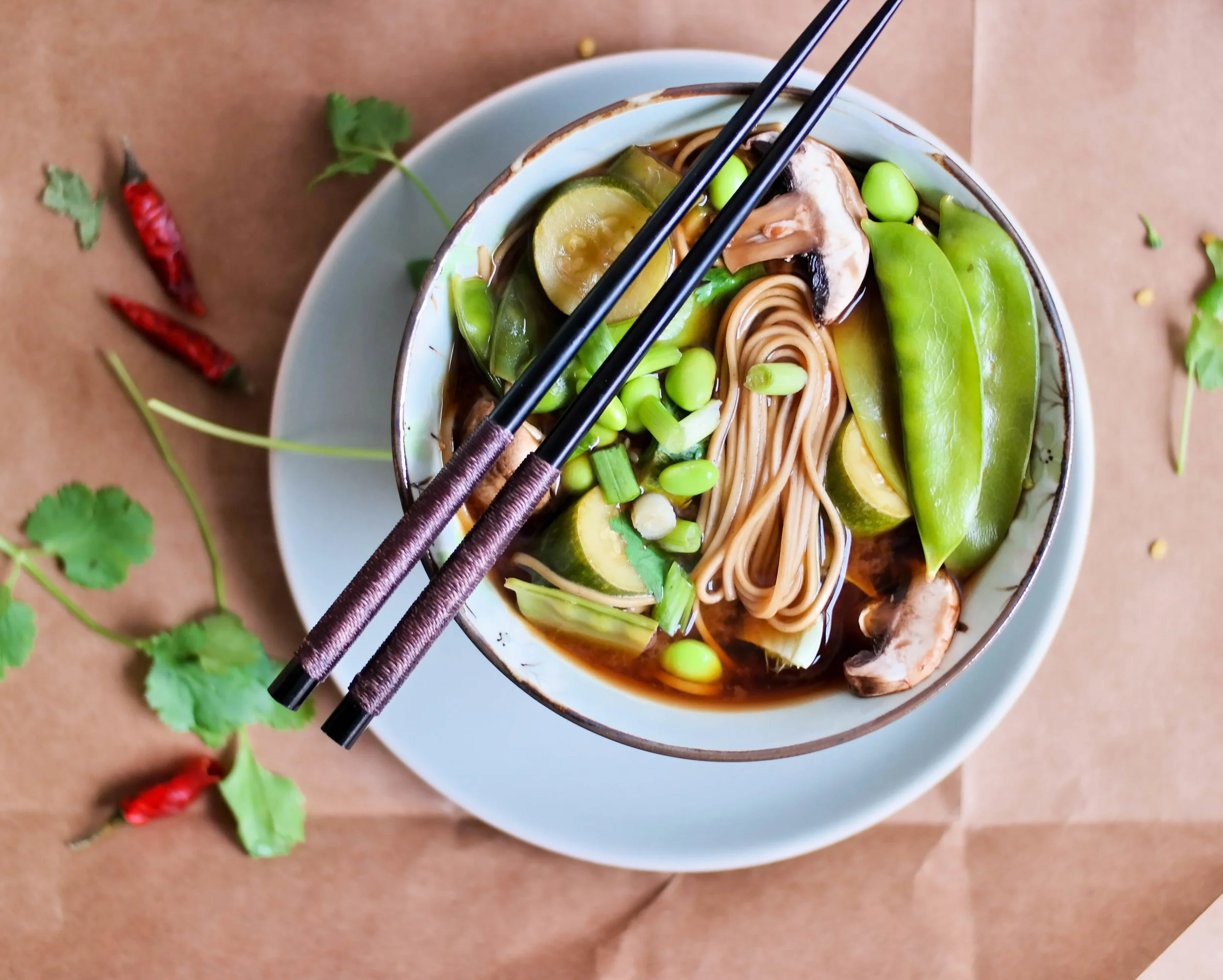 A Veggie Miso Soup with Soba Noodles