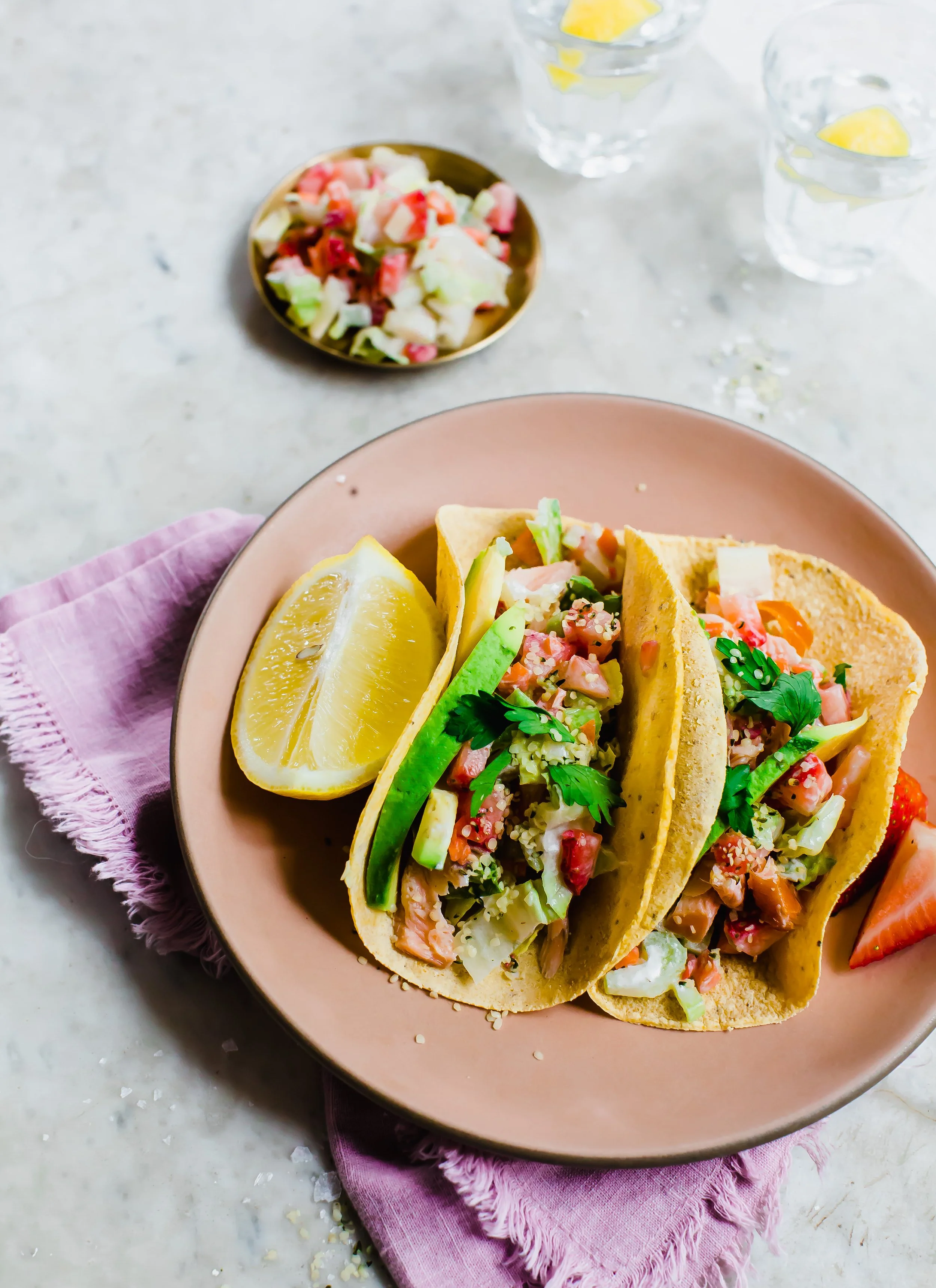 Smoked Salmon Tacos with a Chopped Berry Salad On Top