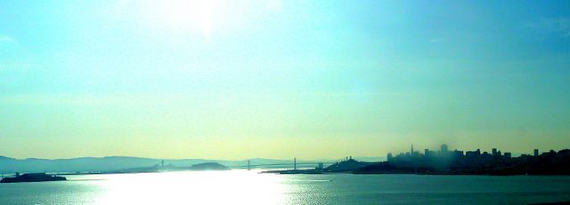 Picture from the coach - looking back over the City as we cross the Golden Gate Bridge