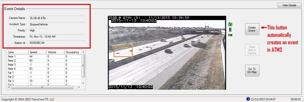 Integrated TrafficVision™ notification displays within the KC SCOUT ATMS, notifying operators of pallets in roadway and providing a means for one-click ATMS event creation. The still image of the scene is annotated with a box around the detected incident.
