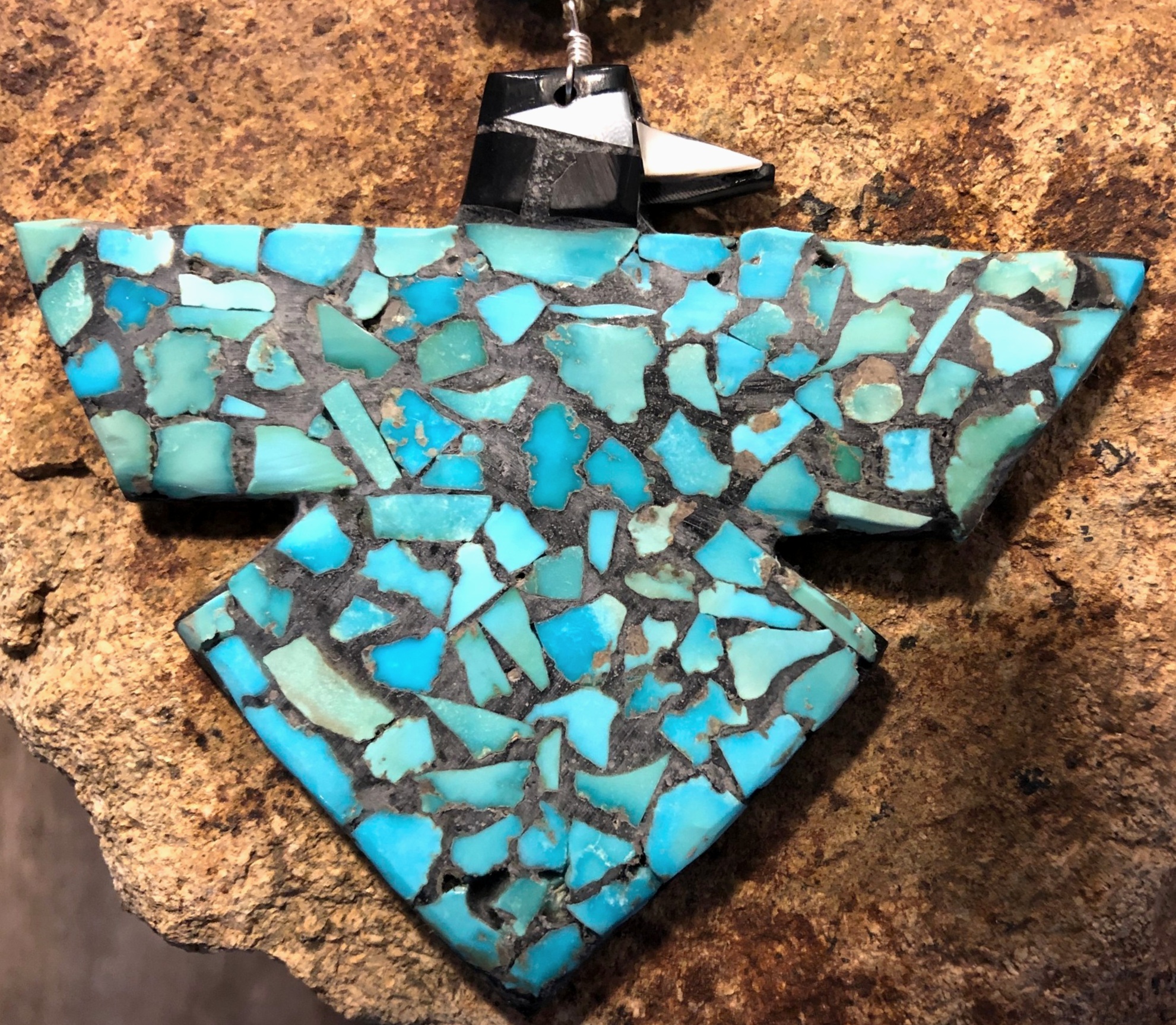 Cerrillos Turquoise Turquoise Mosaic Overlay Thunderbird Necklace by Kalem  AguilarSanto Domingo Pueblo Arts & Jewelry