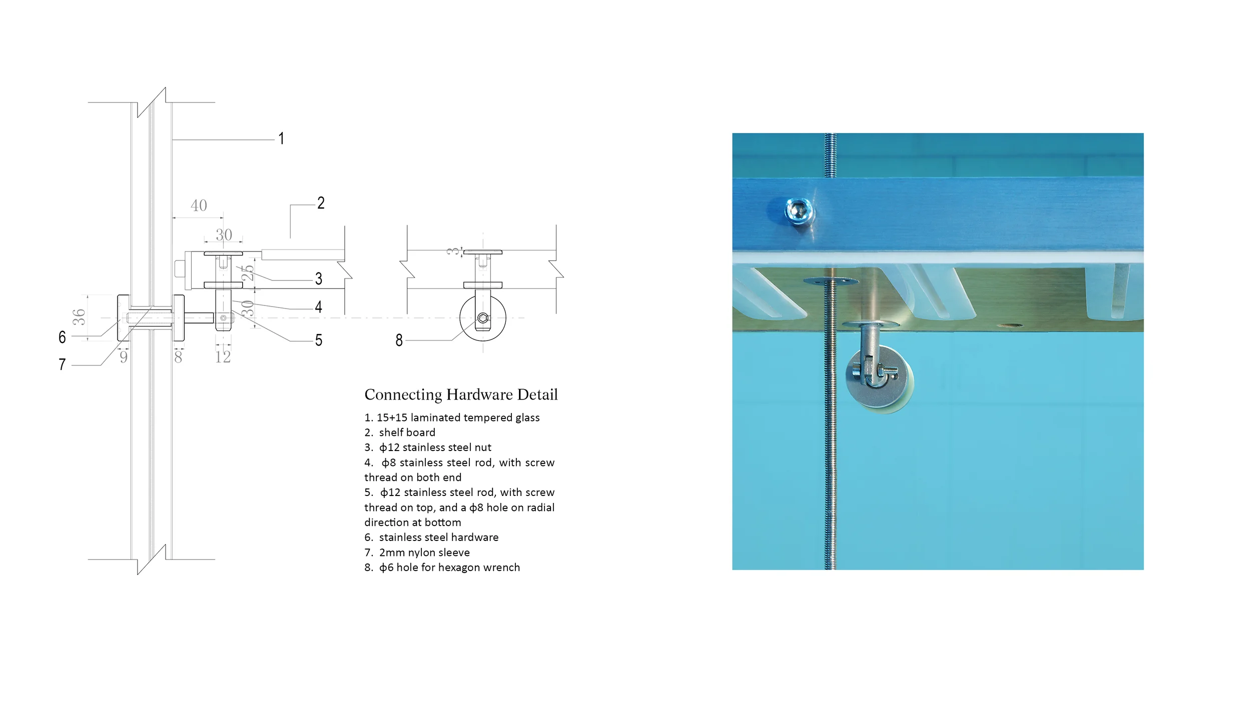 The glass partition wall is designed as the main structure. We designed and customized stainless steel joint to support the panels against the glass, which at the same time being adjustable in horizontal and vertical direction after assembly. 