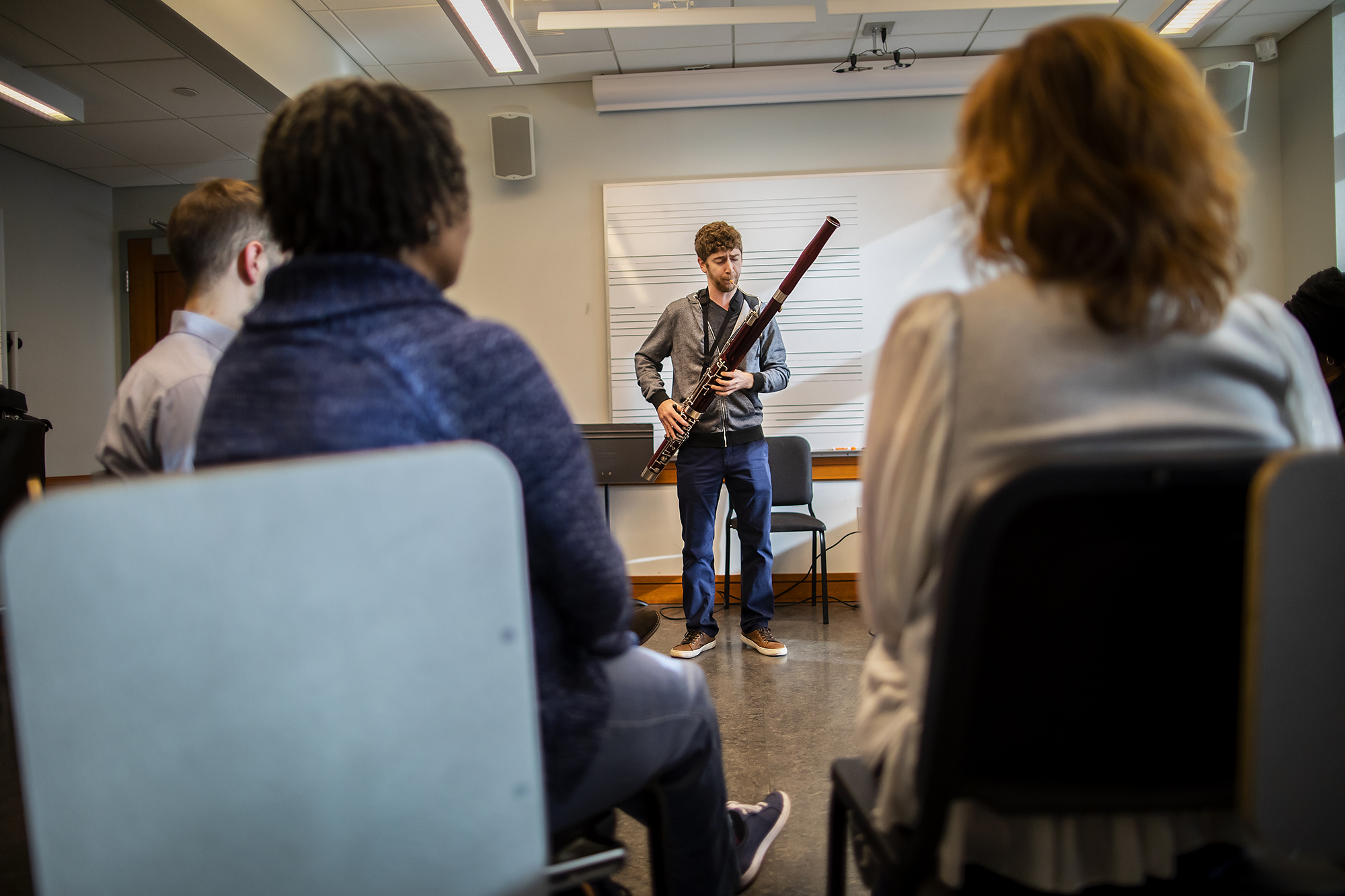  Bassoonist Doron Laznow performs at a Creative Expression Through Music session. Photo by Eric Sucar/Penn University Communications. 