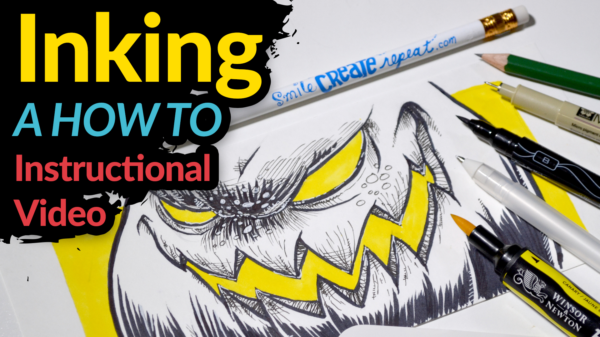 Ink a pencil drawing using a Brush Pen. Also useful techniques for comics and manga drawing. In this full-length, real time episode from Smile Create Repeat, artist/illustrator Tony Luongo teaches takes you from a completed pencil drawing to an inked drawing using a Prismacolor Brush Pen, Micron Fineliner Pen and a Winsor & Newton Double ended BrushMarker. Each monthly surprise from Smile Create Repeat includes ideas to get you creating. This month a jack-o-lantern is a great pen and ink drawing idea. Illustration made using a variety of supplies from the 2 year Anniversary October (Inktober inspired) 2016 SmileCreateRepeat.com art supply subscription box