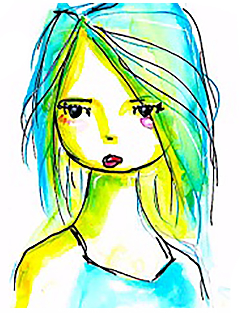 drawing by Rachel -SCR subscriber- with water soluble markers, black fine liner pen, on Ampersand Clayboard