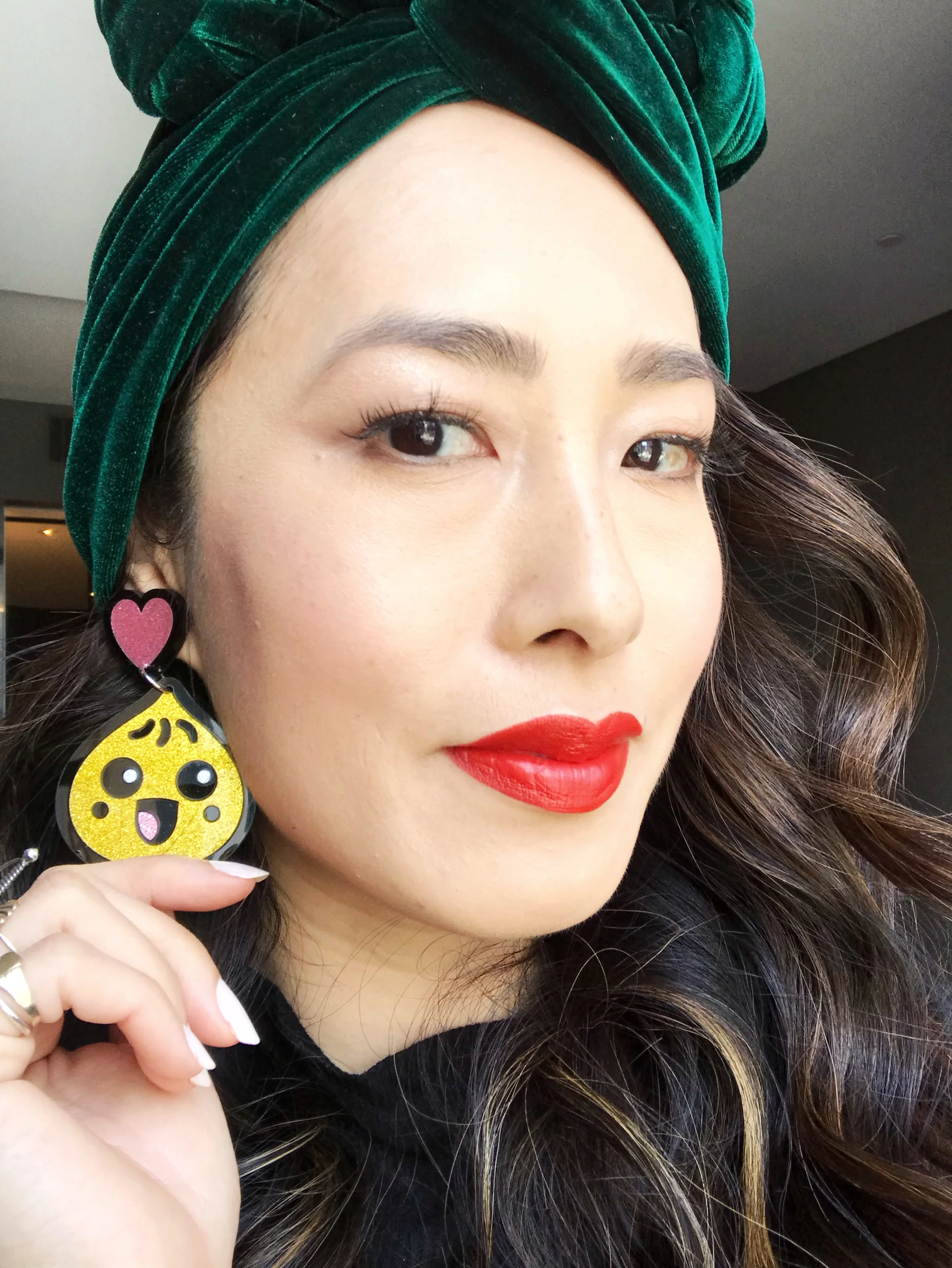 My amazing Doodad &amp; Fandango earrings, matched with my emerald green velvet turban by  EDGELEY .
