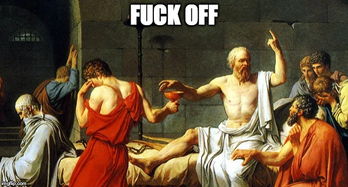 “L’essentiel n’est pas de vivre mais de vivre bien” Socrate - citation commentée sur La Pause Philo La mort de Socrate , tableau de Jacques louis DAVID (1787) Le propos « Fuck off » prêté à Socrate n’étant pas attesté dans l’histoire de la philosophie, l’auteure de l’ article en assume l'entière responsabilité