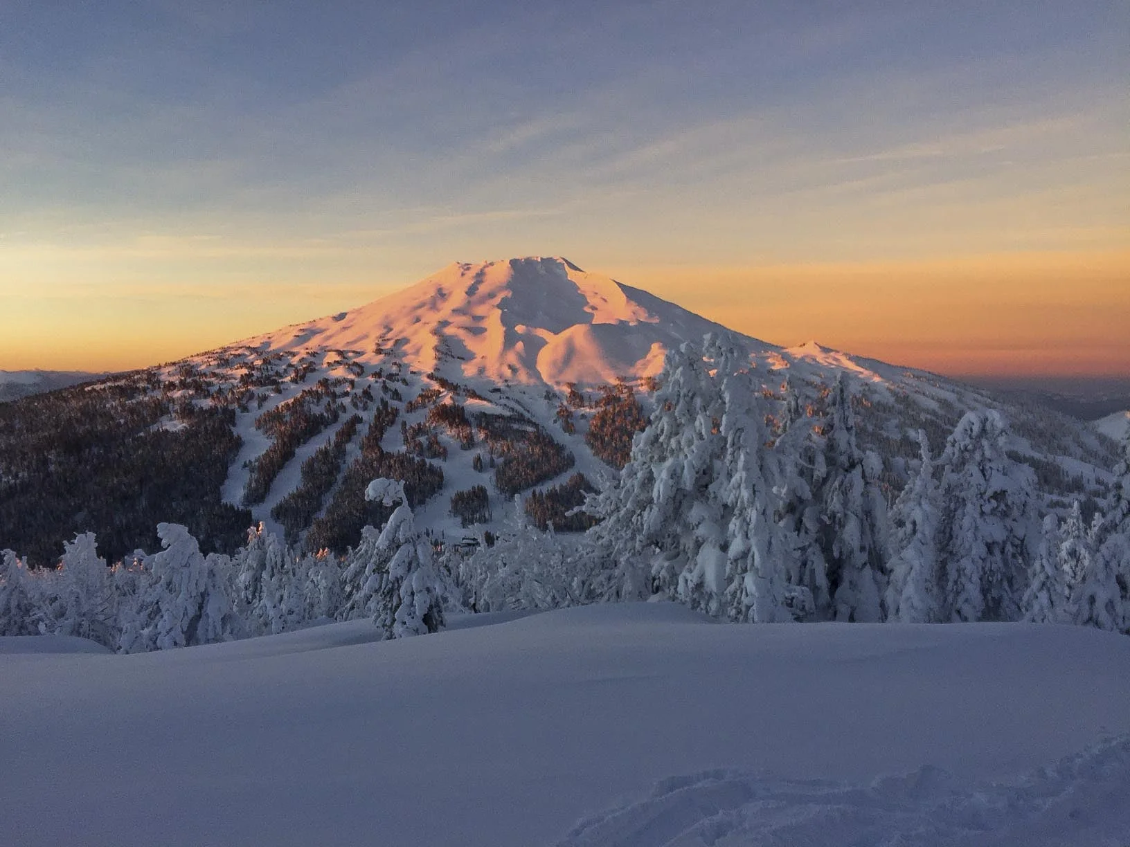 Sunrise skin up Tumalo Mountain with buddy Sam Balyeat with views of Mount Bachelor, OR.