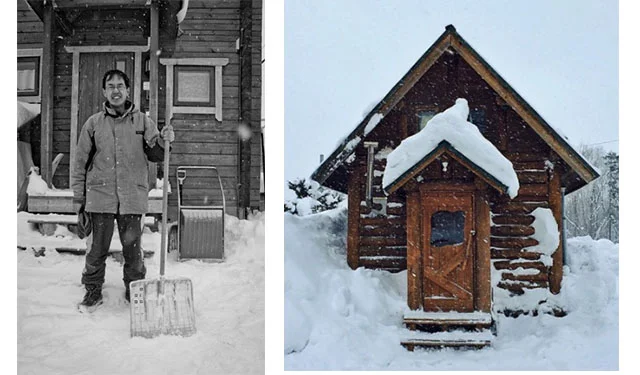 Yoshi and the cabin he built by hand. Twenty years later, and he's still in love all that snow. And his shovel. Photo at right, courtesy of Eric Dyer.