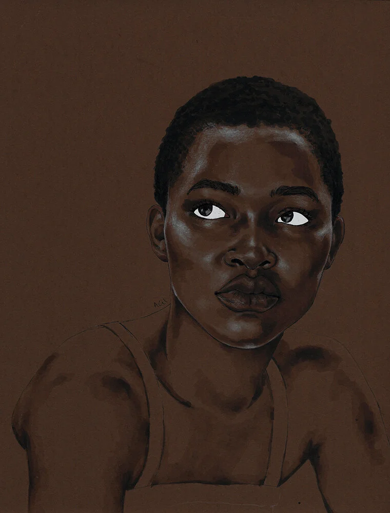 Portrait of a young, Black, African woman by Nigerian-Canadian artist Ojo Agi. Copyright belongs to Ojo Agi.