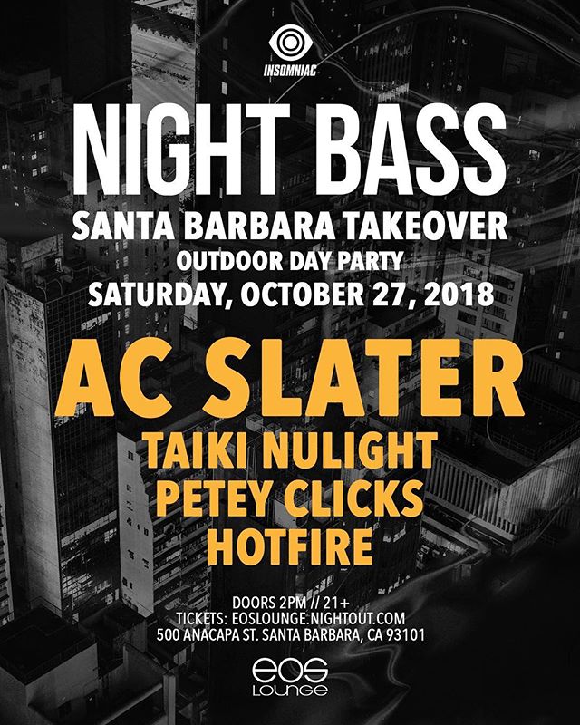 🌀NEW SHOW ANNOUNCEMENT🌀The @nightbass crew is taking over Eos October 27th!! Label boss @djacslater is cruising through SB and bringing @taikinulightuk , @peteyclicks , &amp; @hotfiremusic !! Tickets go on sale Thursday @ 10am - link in bio 📍 
#eo