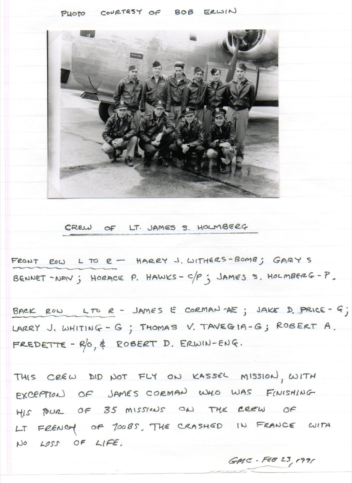 Holmberg Crew, James Corman's regular crew. Notes above are by Kassel Mission Historian Emeritus, the late Goerge Collar, 702nd Bombardier on the Schaen Crew. 