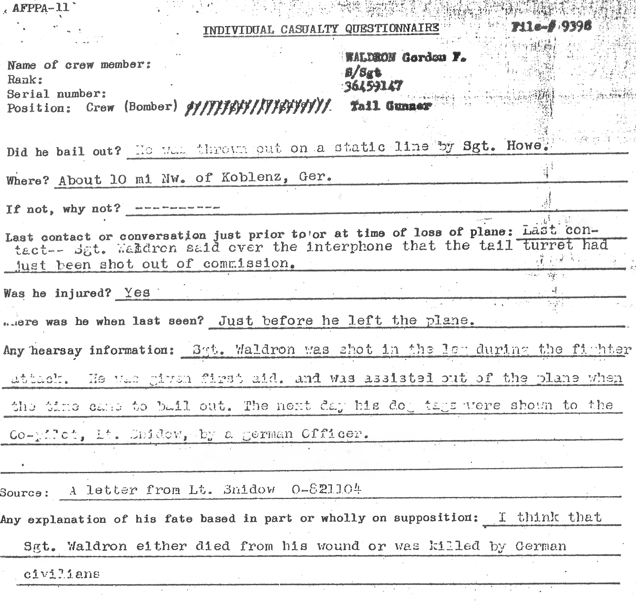 Waldron Individual Casualty Report. Source: A letter from Lt. Snidow