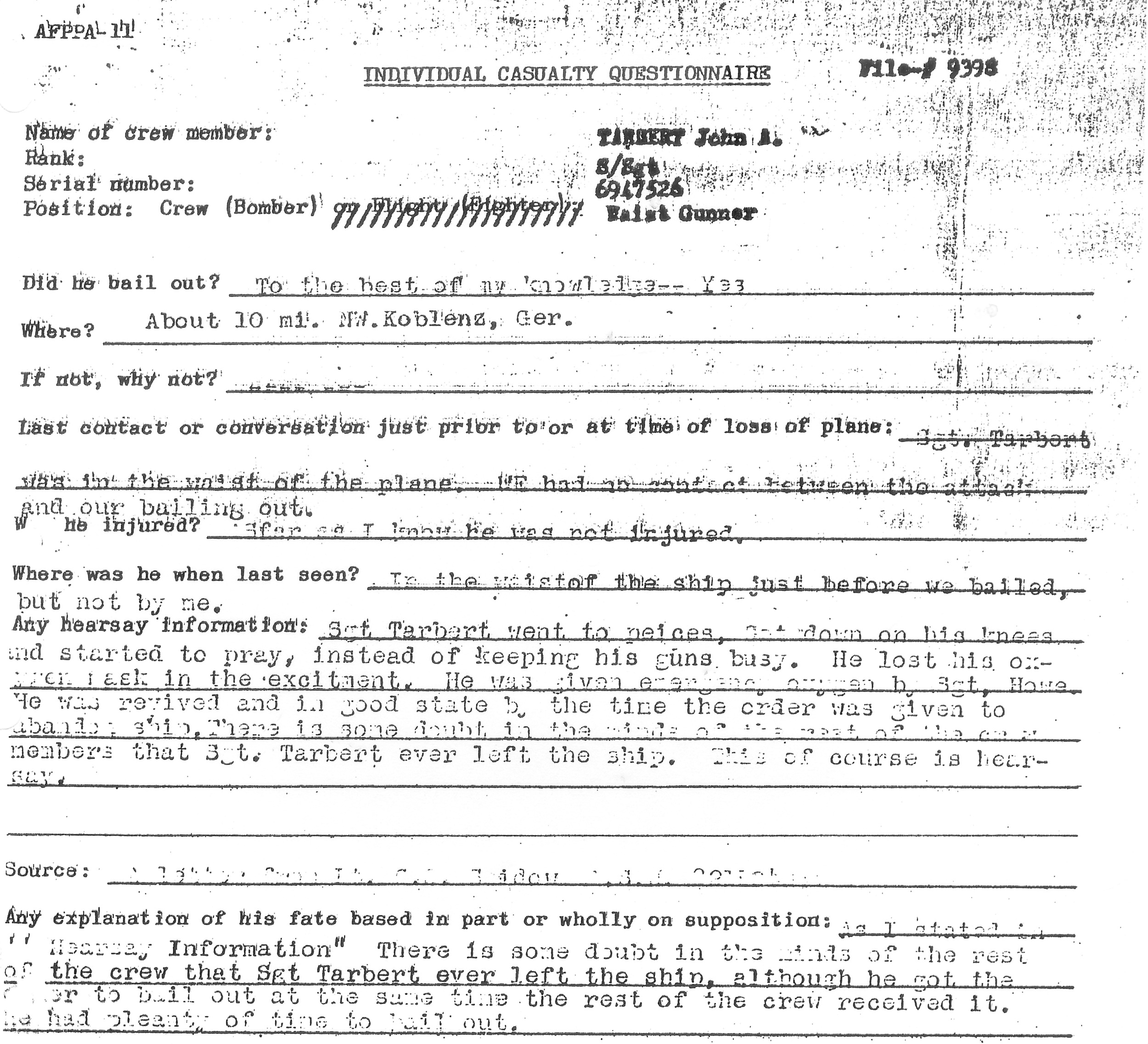 Tarbert Individual Casualty Report. Source: A letter from Lt. Carroll Snidow