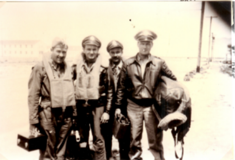 Officer crew of Mairzy Doats, left to right: Maynard L. Jones, navigator; Carroll G. Snidow, copilot; John A. Friese, bombardier; Edward F. Hautman, pilot