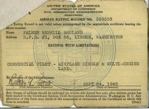 Commercial and Multi-Engine license issued Sept 24, 1945