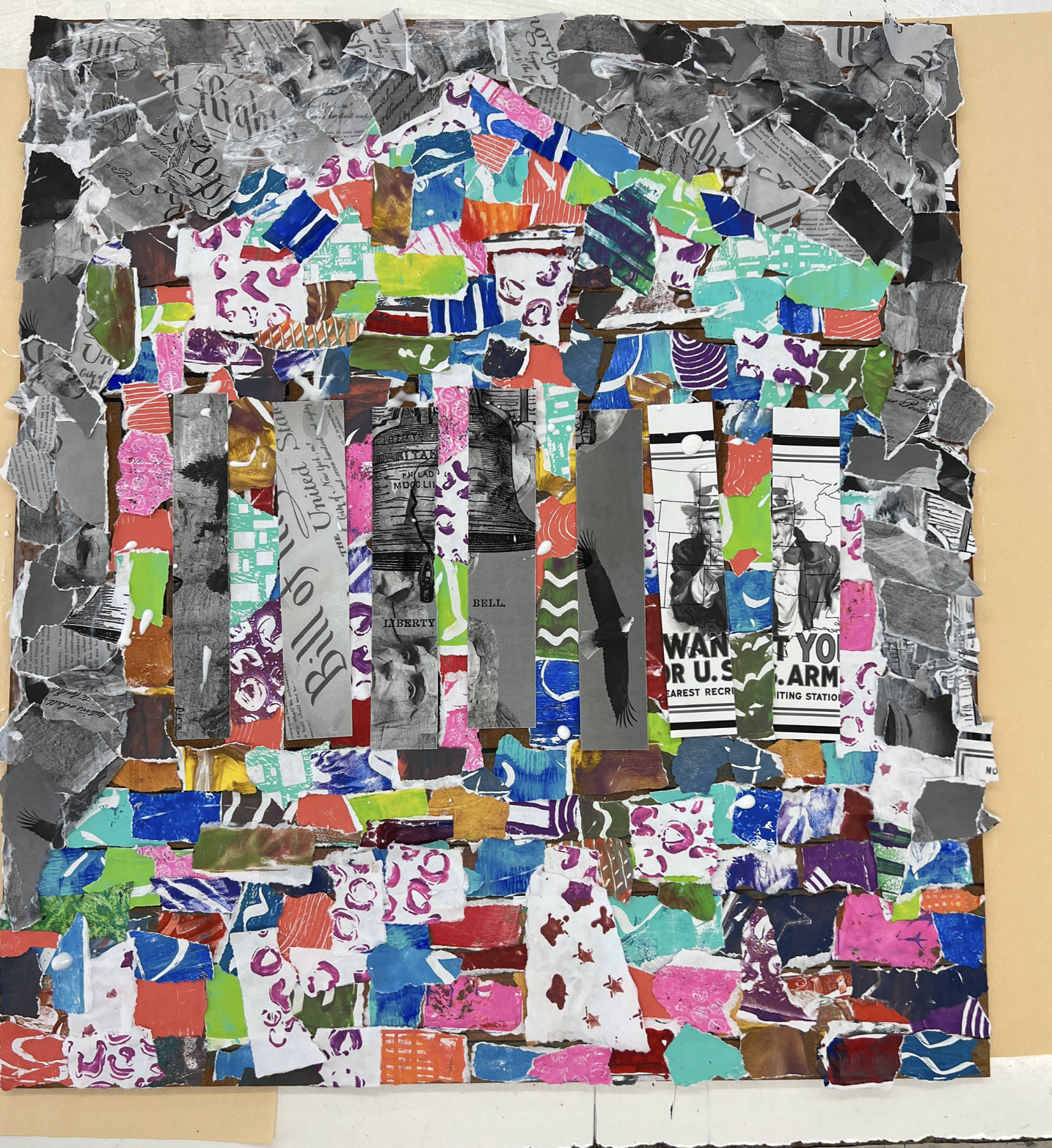 Collage of US Gvoernment bulding with gel print pieces