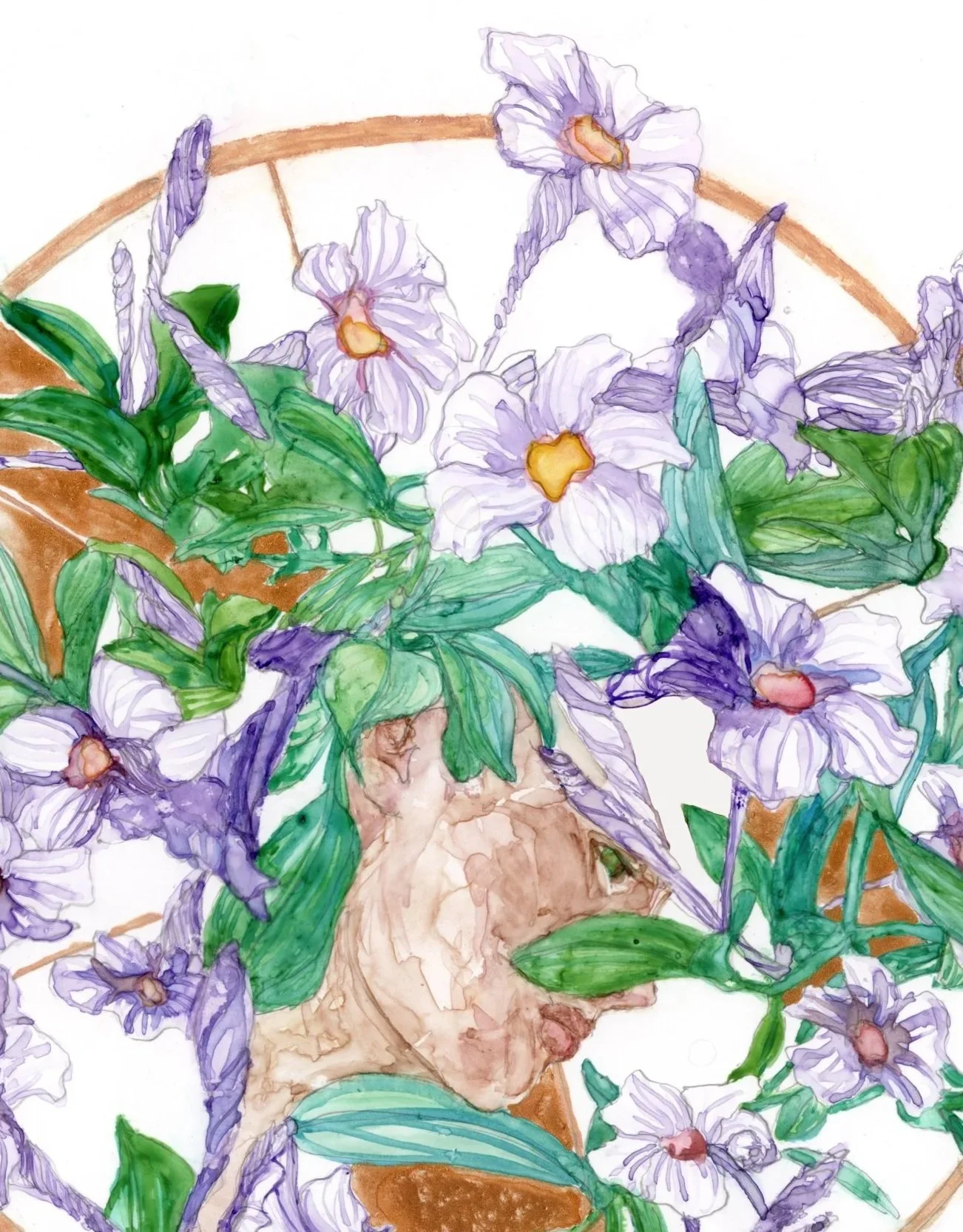 watercolor portrait of a woman with a floral headdress