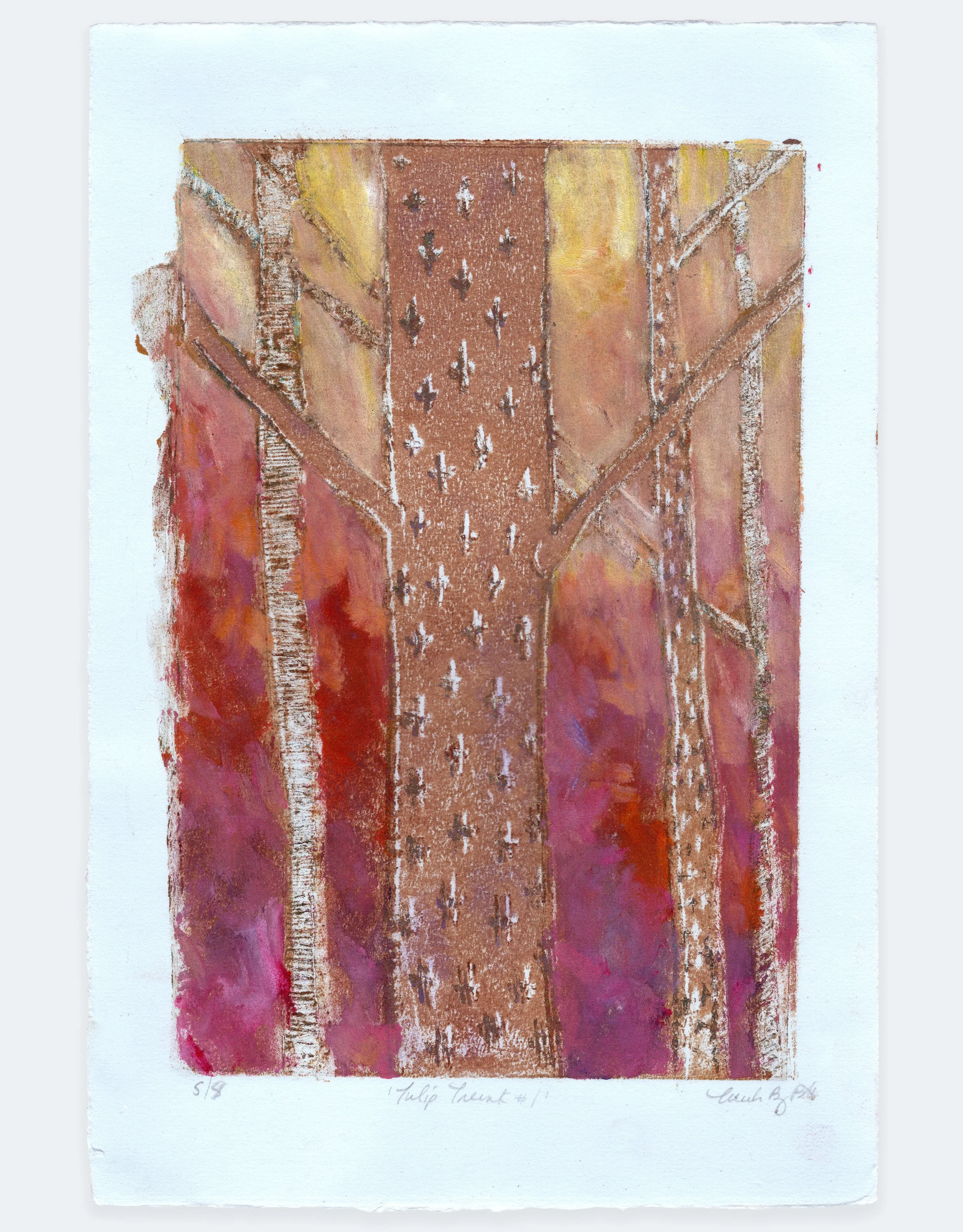 Tulip Trunk #1, 2020,2025 | monoprint with oil pastel, 11" x 7.5"