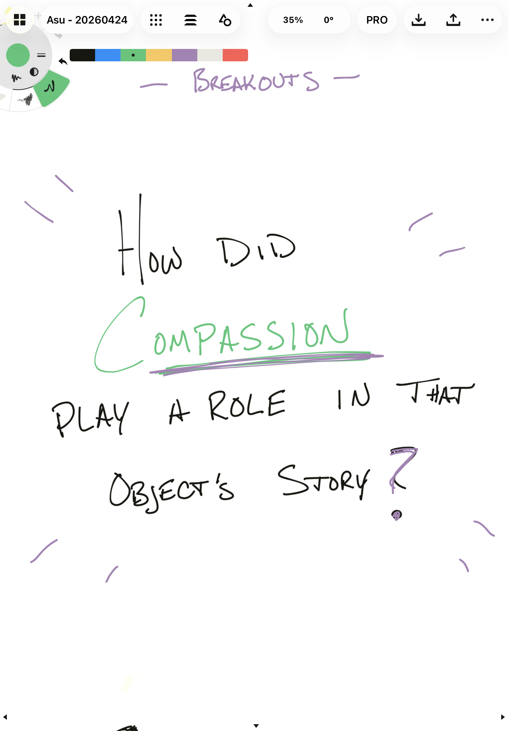 Notes with questions about how to play a role in storytelling and object behavior, written in colorful marker on a white background.