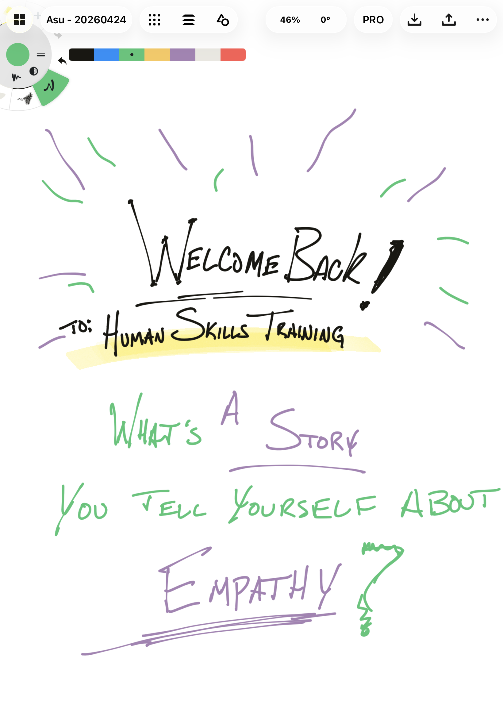 Colorful doodle-style illustration with text that reads "Welcome Back! to Human Skills Training" and handwritten phrases like "What's a story", "You tell yourself about", and "Empathy" surrounded by colorful lines and accents.
