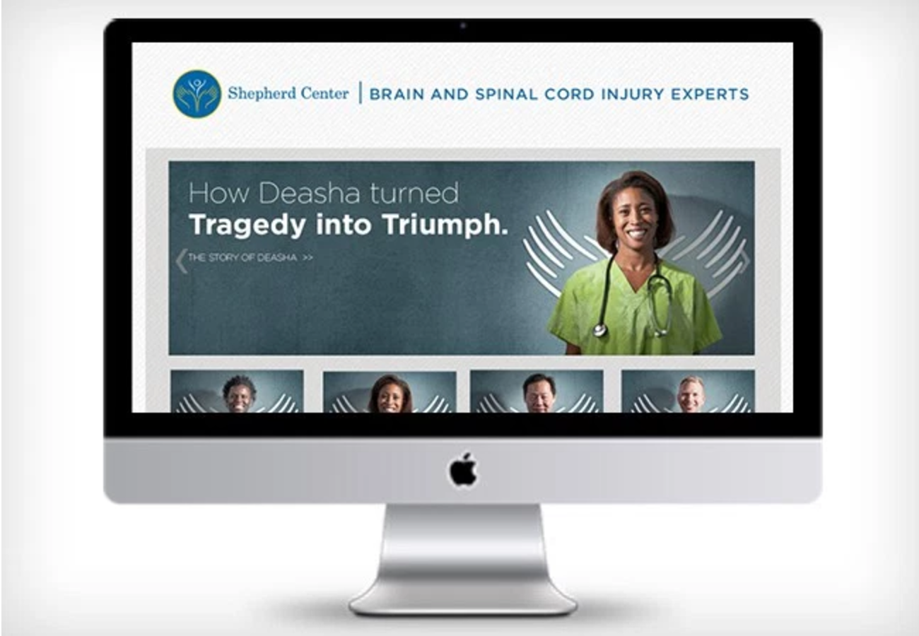 Website mockup. Home page graphic: How Deasha turned tragedy in to triumph. Photograph of Shepherd Center employee with angel's wings.