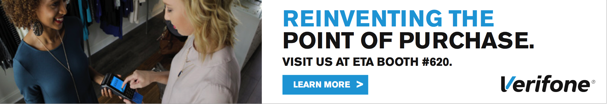 Verifone web banner featuring person making payment on a Verifone payment device. Reinventing the Point of Purchase.