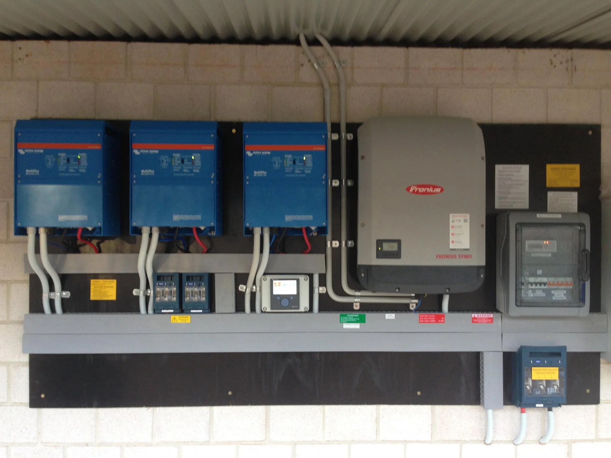 Victron 12.96 kW Solar / 66 kWh Battery Bank, coupled with a Fronius 15kW 3 phase Inverter.&nbsp;