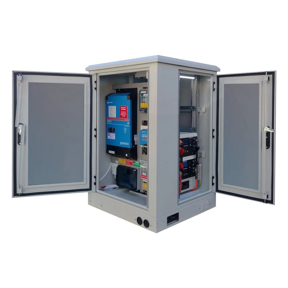 Fusion off grid power cabinet with inverter and lithium storage.