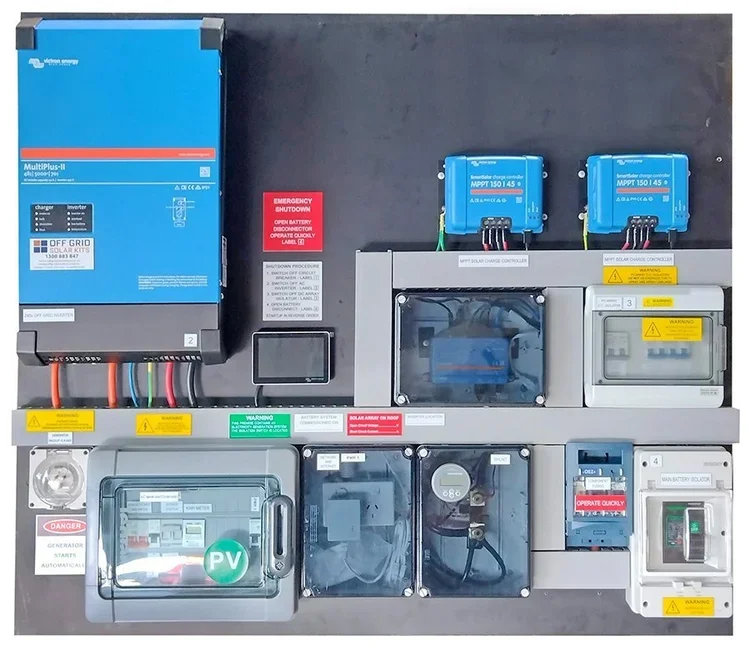 Complete Victron off grid solar system with inverter and battery setup.