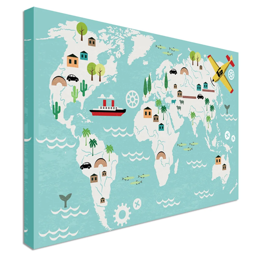 Children S Cartoon World Map Canvas Town