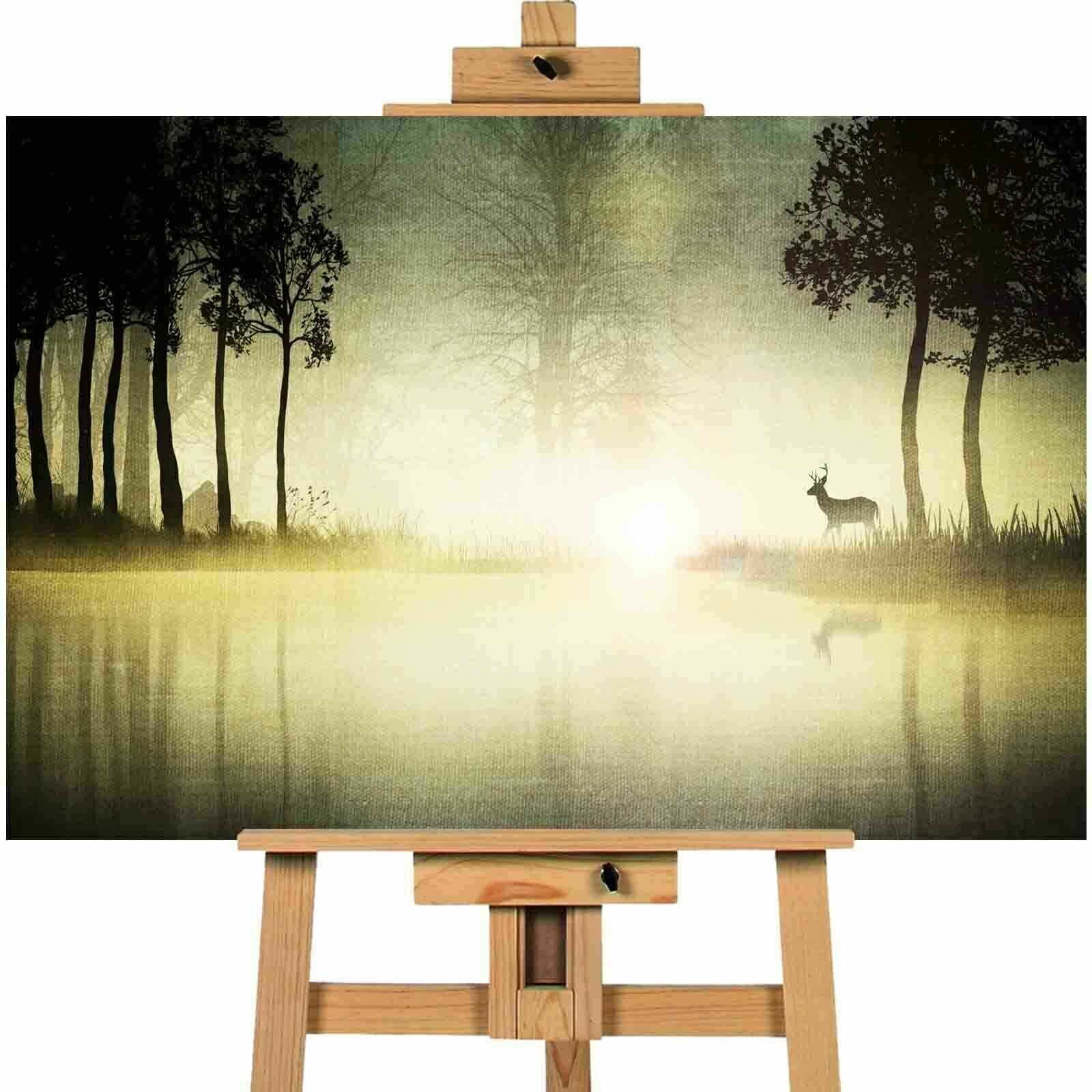 Foggy Lake With Stag Canvas Print Wall Art