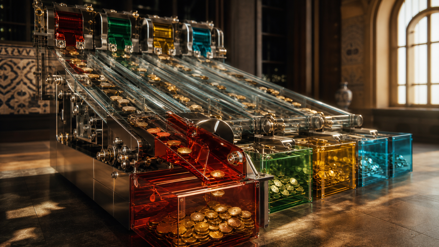 Transparante mechanische sorteermachine die royalty-inkomsten via afzonderlijke kanalen en een rode recoupmentaftakking traceerbaar verdeelt