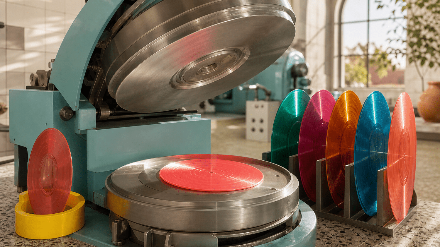 Openstaande vinylpers met nikkelen stampers, een vers geperste koraalrode plaat, test pressing en kleurrijke kleine oplage