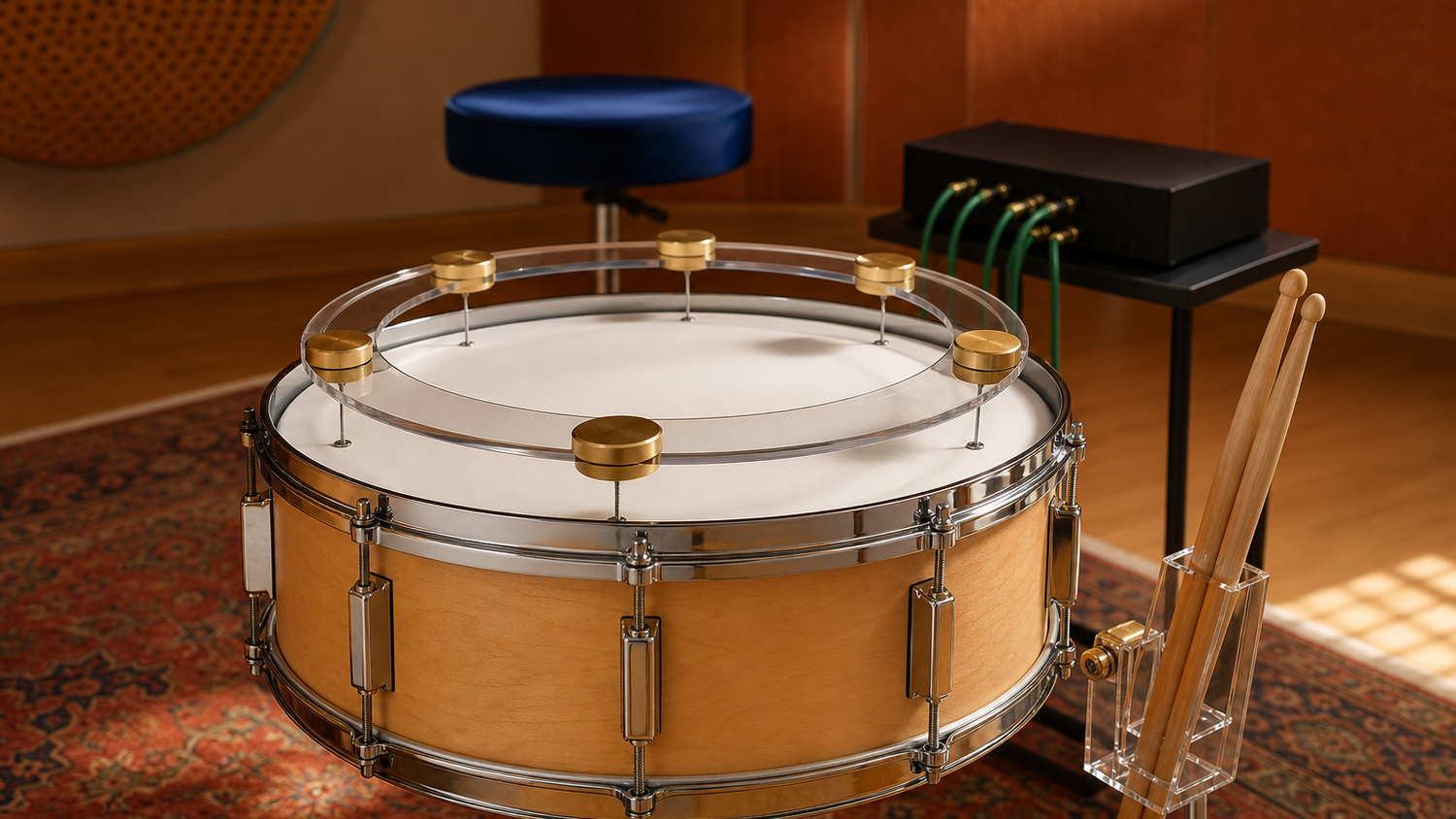 Lege drumkruk achter een akoestische snaredrum met transparante technische ring in een kleurrijke opnameruimte