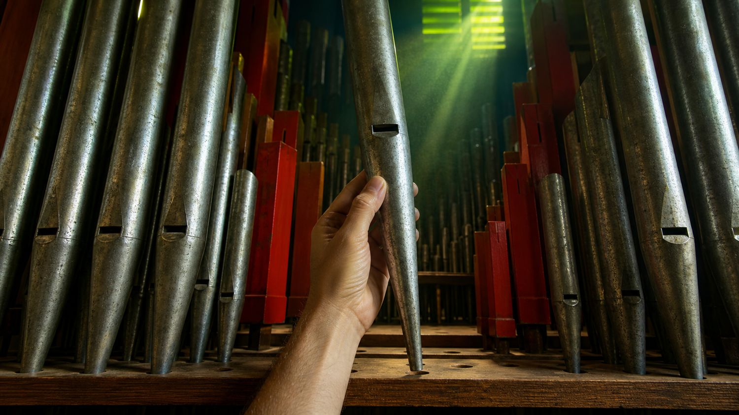 Blik van laag op de vloer van een orgelkas, schuin omhoog langs een oplopende rij gepolijst tinnen orgelpijpen en vermiljoenrood gelakte houten pijpen, waar één hand een metalen pijp met kegelvormige voet uit de pijpstok tilt en het lege ronde toongat eronder open ligt in een chartreusegroene lichtbaan