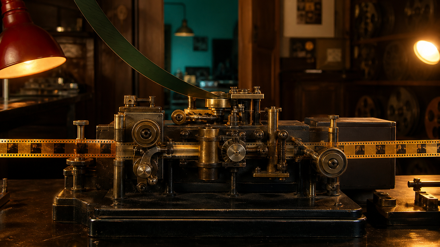 Messing filmsynchronisator met een vastgeklemde amberkleurige beeldband en een losse, vrij zwevende groene geluidsband in een donkere montagekamer