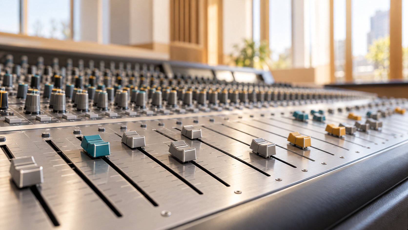 De faderrij van een moderne studiomengtafel in daglicht, met geborsteld aluminium en enkele fadercaps in petrol en saffraangeel tussen grijze
