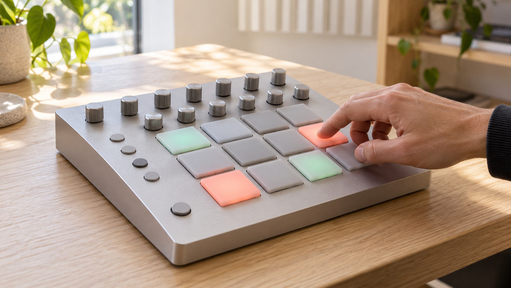 Een moderne groovebox met lichtgrijs aluminium chassis, draaiknoppen en een raster van pads in een lichte producerkamer, waarbij een hand een koraalrode pad indrukt
