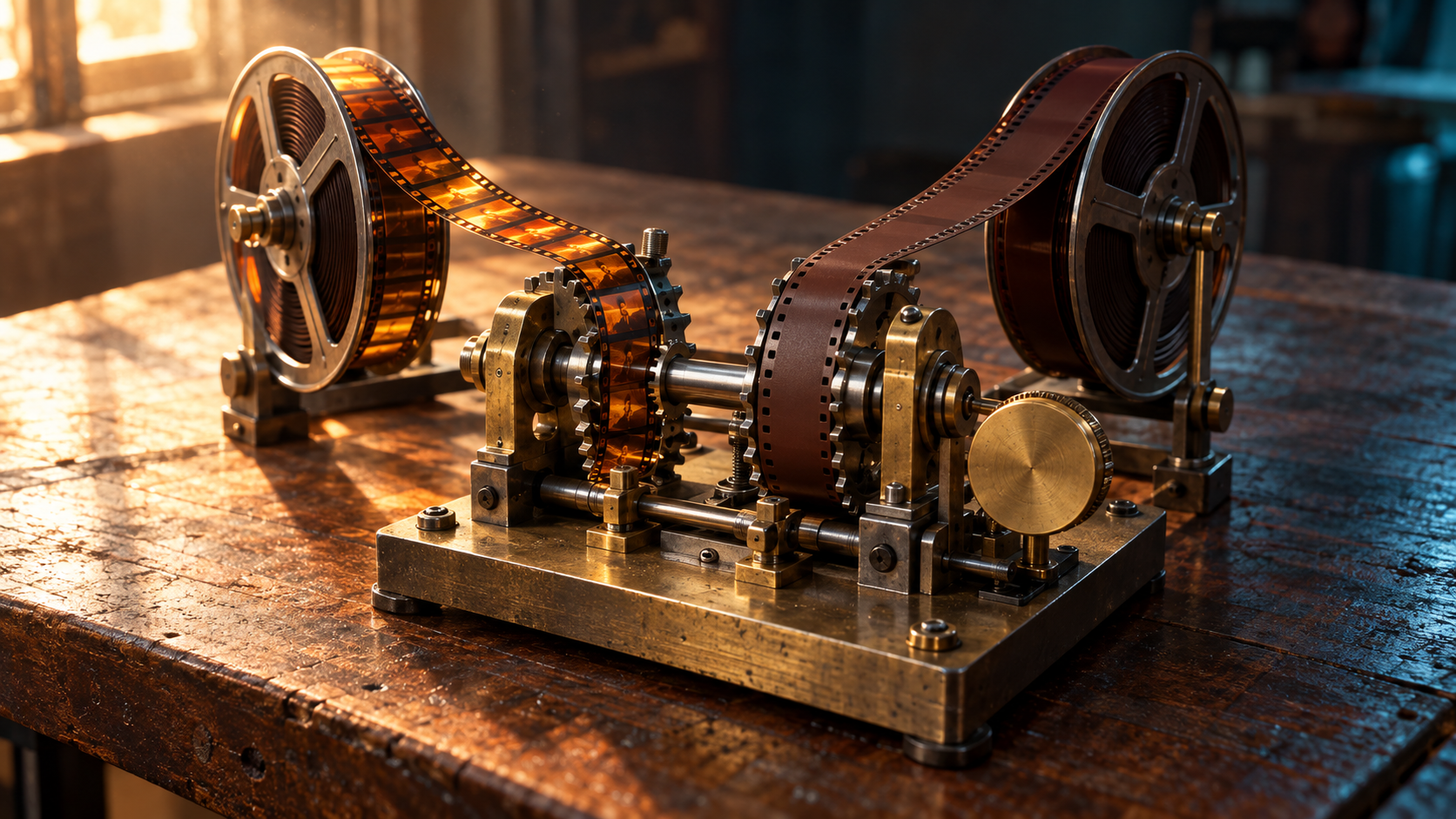 Een messing synchronisatietafel voor filmmontage met een strook 35mm-beeldfilm en een strook bruine geluidsfilm op twee aparte tandwielen van dezelfde as, tussen twee filmspoelen in warm licht