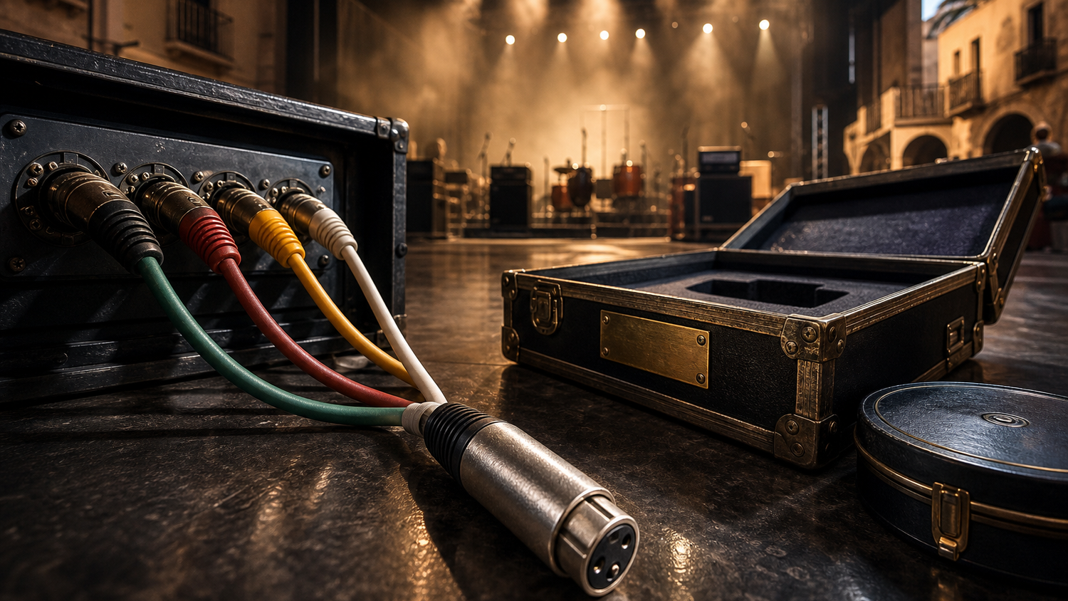 Losgekoppelde XLR-kabel bij een lege roadcase en podium als beeld voor een vertrekkend bandlid en achterblijvende muziekrechten