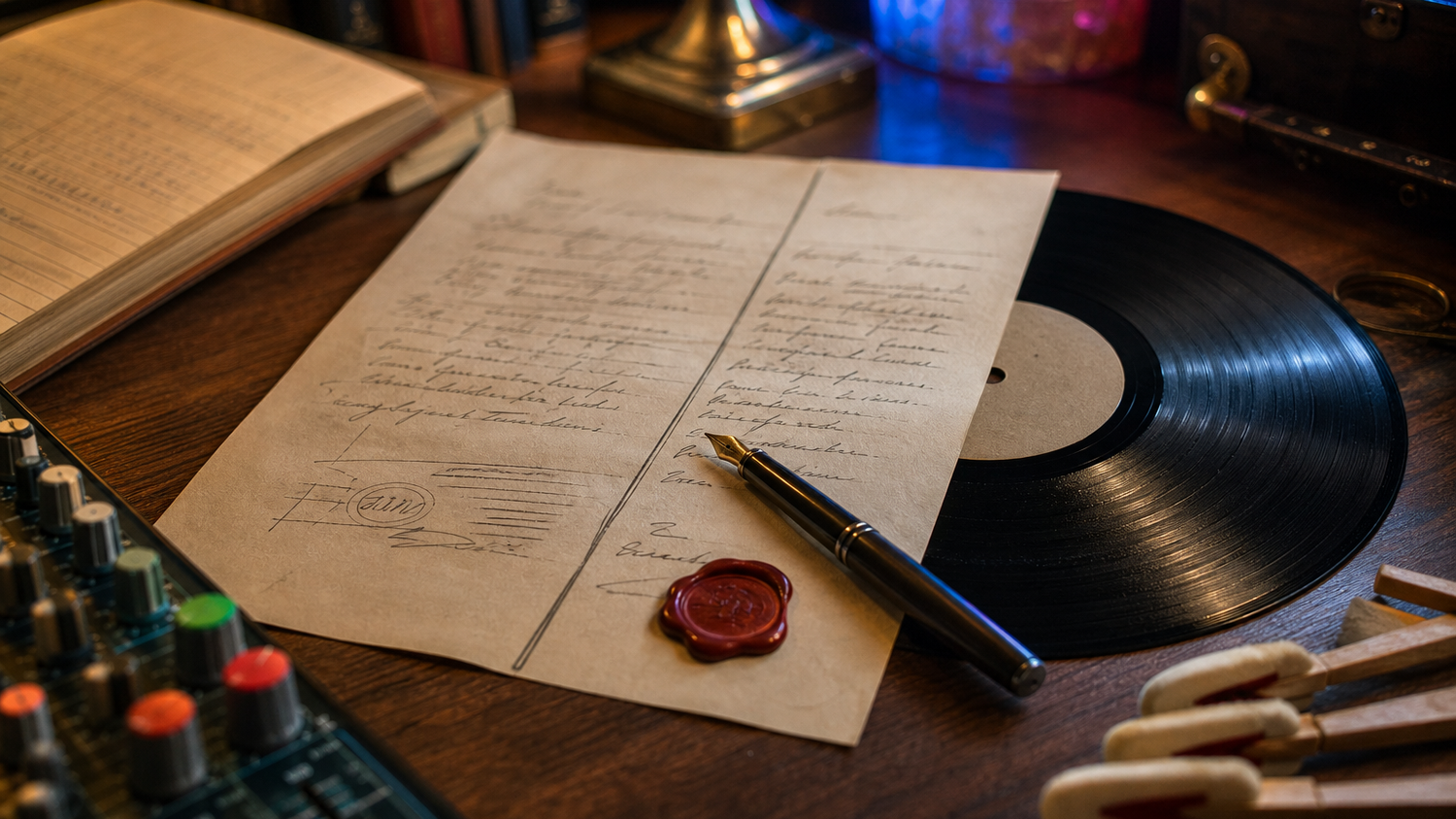 Vinyl, split sheet, vulpen, zegel en studioknoppen als beeld voor co-writing, publishing en bewijs in het muziekrecht